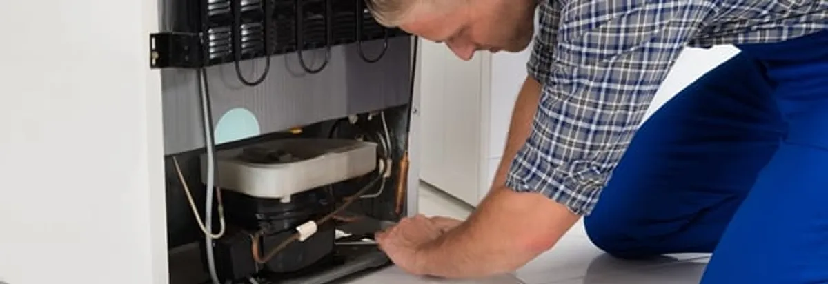 Refrigerator repair technician servicing the compressor and condenser area in Tacoma, WA